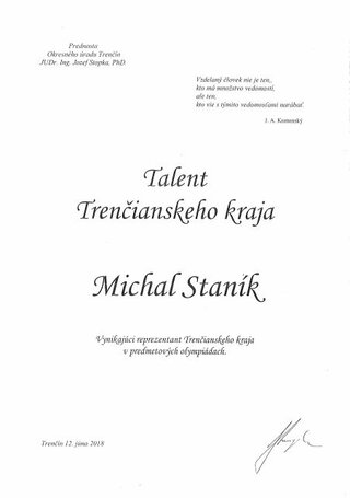 Talent Trenčianskeho kraja diplom